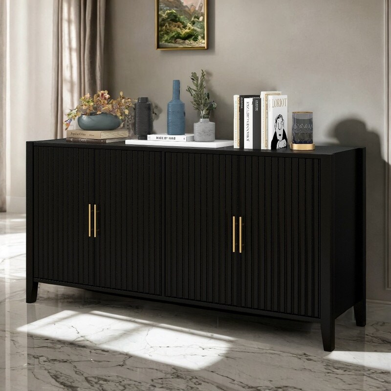 Accent 4 Doors Storage Cabinet with Metal Handles  Wooden Sideboard with 2 Shelves for Entryway  Black