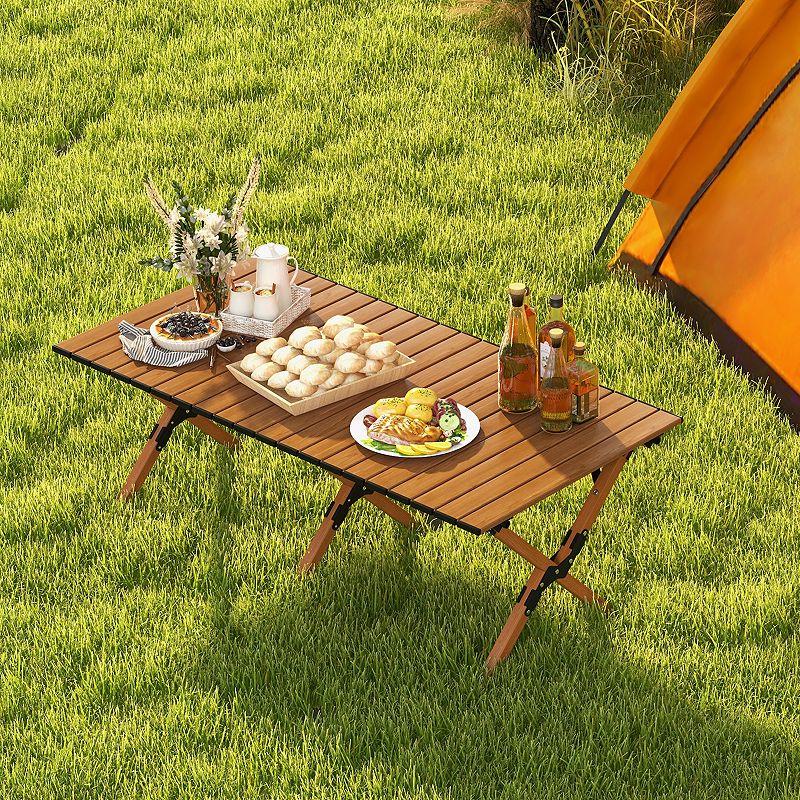 Folding Lightweight Aluminum Camping Table with Wood Grain