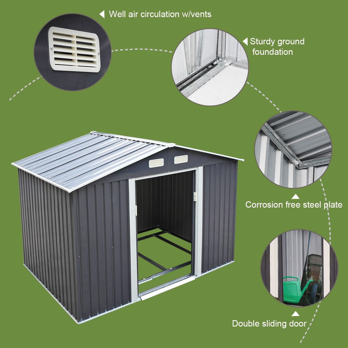 Jaxpety 6.3 x 9.1 ft Large Garden Storage Shed Galvanized Steel Outdoor Tool House with Sliding Door, Roof and 4 Vents, Dark Gray