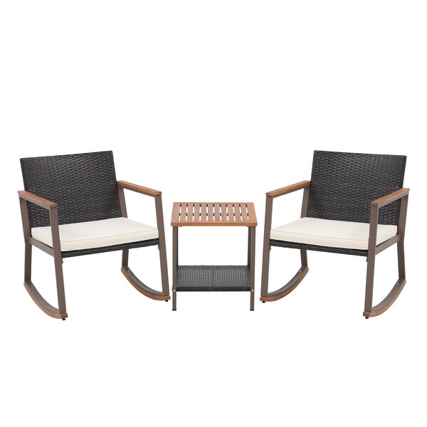 3 Pieces Rocking Wicker Bistro Set，Patio Outdoor Furniture Conversation Sets with Porch Chairs and Glass Coffee Table