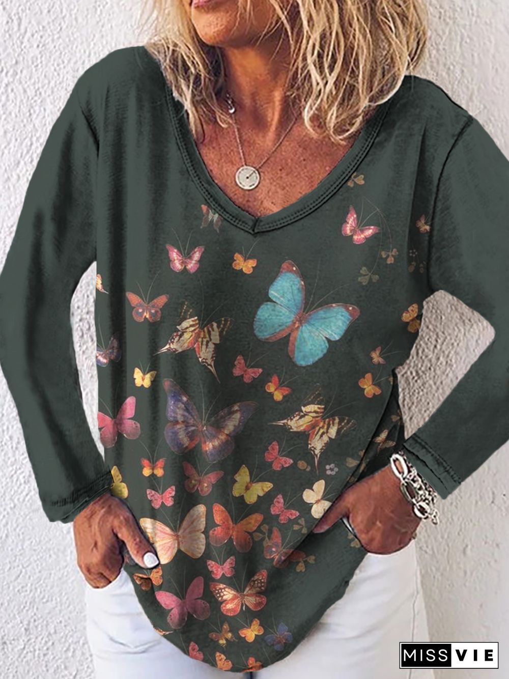 Plus size Butterfly Printed Long Sleeve T-shirt