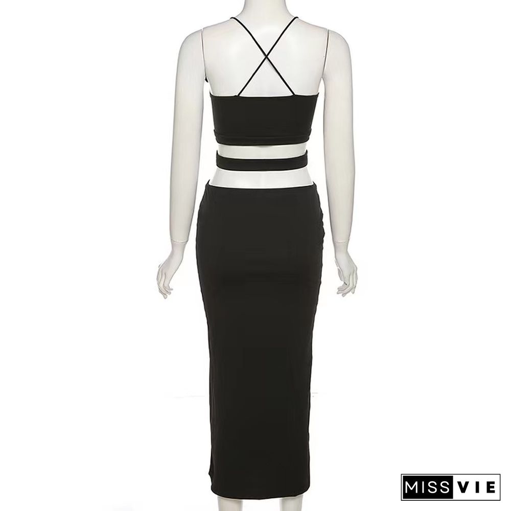 Sexy Backless Cutout Midi Dress Club Party Outfits For Women Black Sleeveless Elegant Straps V Neck Bodycon Dresses Vestidos