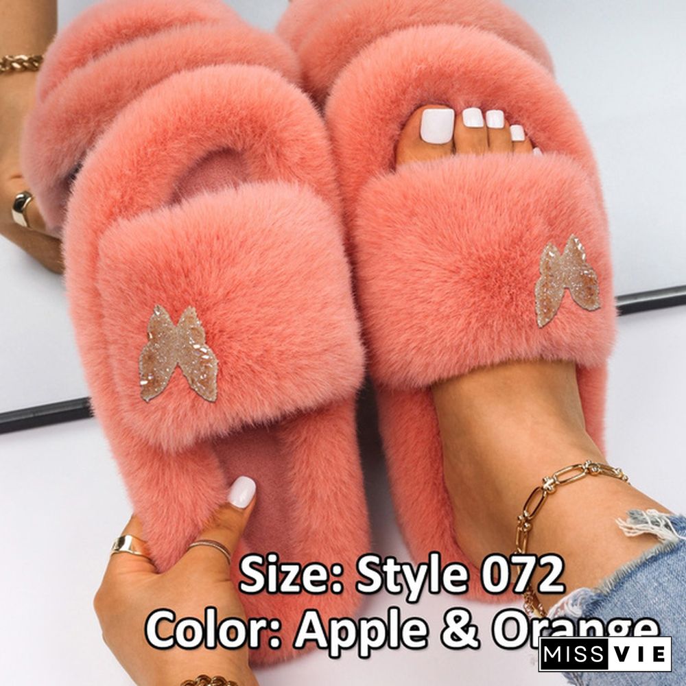 Fluffy Warm Women Home Slippers Fur Rhinestone Crystal Platform Shoes Indoor Flip Flops Female Soft Casual Slides Cotton Fur Slippers