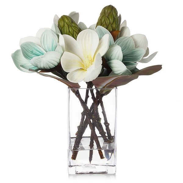 Enova Home Artificial Real Touch Magnolia Flowers Arrangement in Rectangular Glass Vase with Faux Water for Home Decór