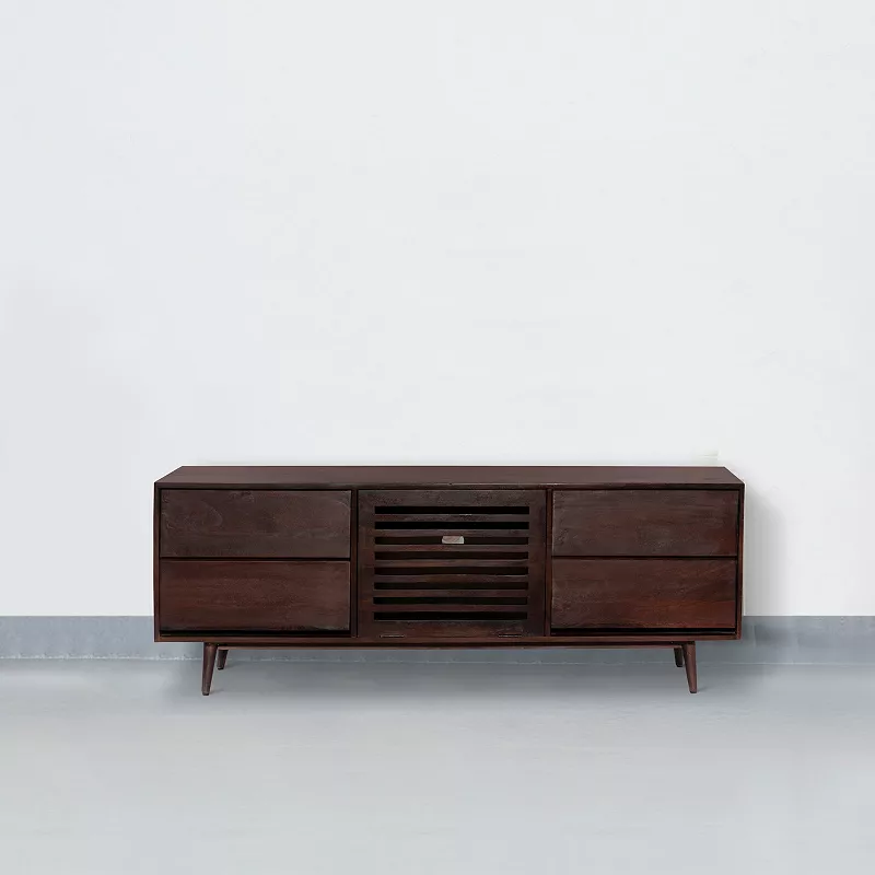 64 Inch TV Cabinet with 4 Drawers and Wooden Frame， Walnut Brown