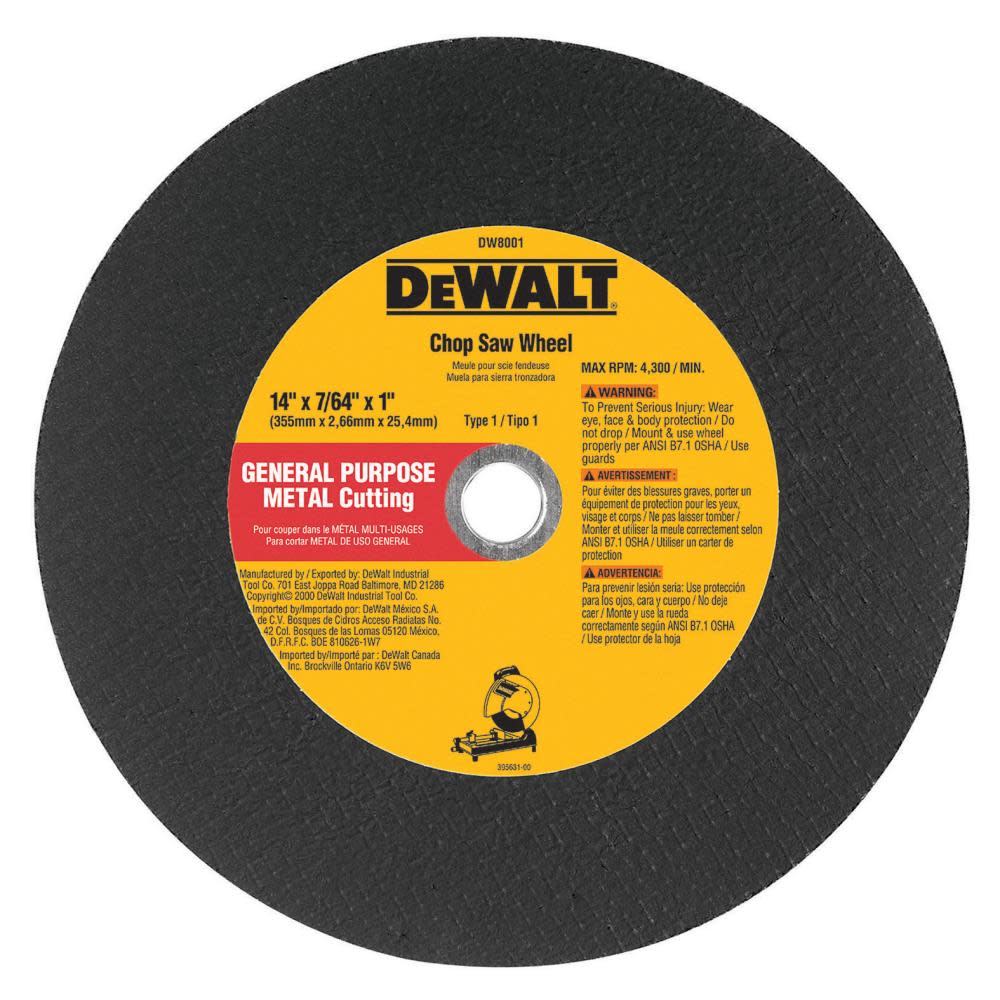 DW 14 In. X7/ 64 In. X7/ 64 In. x 1 In. GP Chop Saw Wheel DW8001B4 from DW