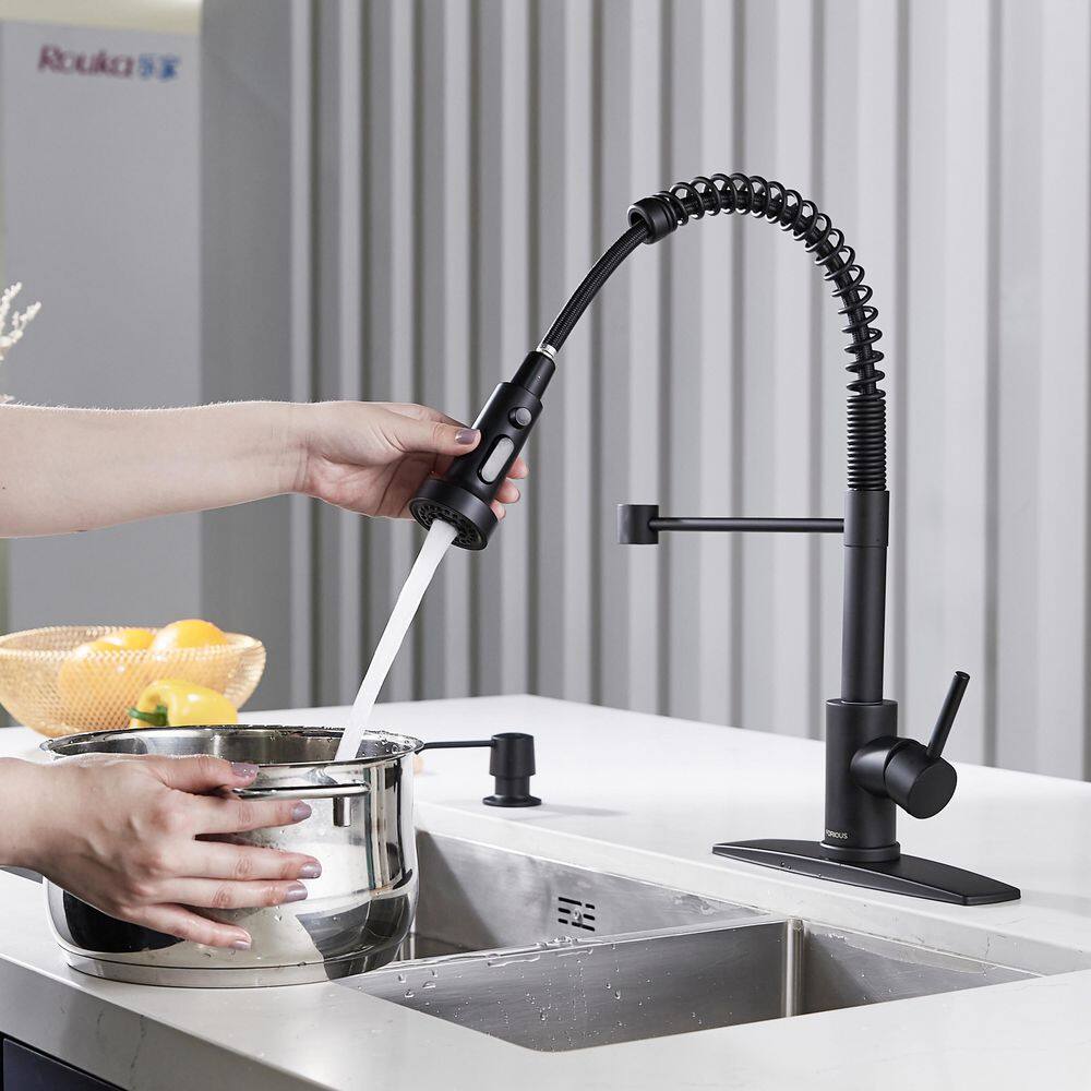 FORIOUS Single Spring Handle Kitchen Faucet with Pull Down Sprayer Kitchen Sink Faucet with Deck Plate in Matte Black HH51000B