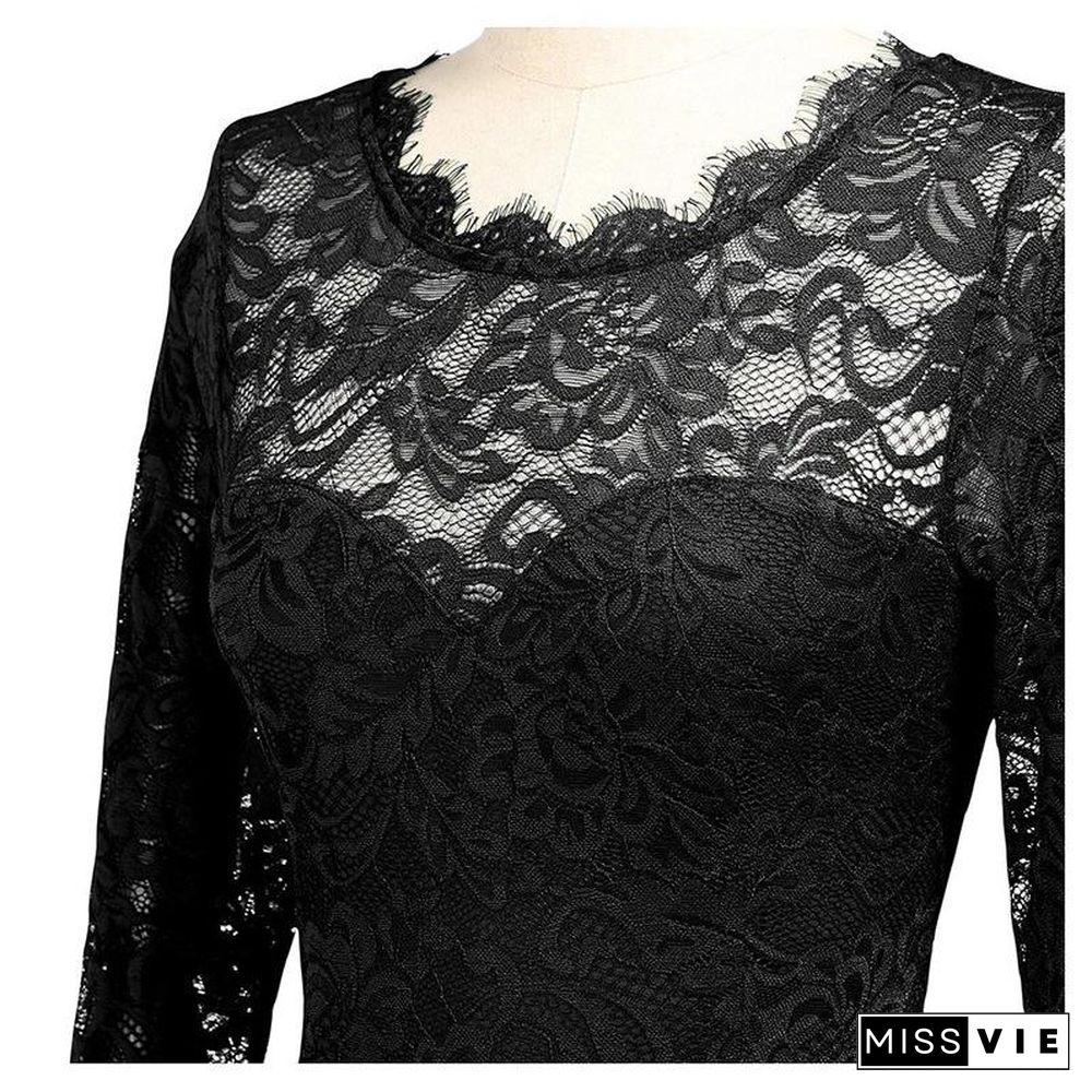 Medium-long Sleeve Chiffon Dress Round Neck Stitching Lace Dress Evening Dress Black Dresses