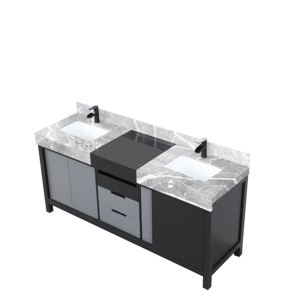 Lexora Zilara 72 in W x 22 in D Black and Grey Double Bath Vanity Castle Grey Marble Top and Matte Black Faucet Set LZ342272DLISFCM