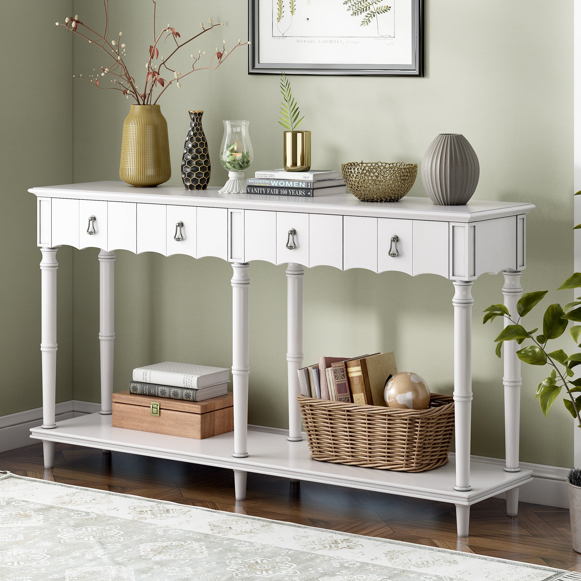 Antique White Wood Entryway Console Table with 4 Drawers and 1 Shelf