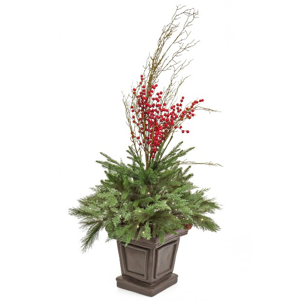 Pre-lit Potted Pine and Berries Artificial Plant With Led White Lights