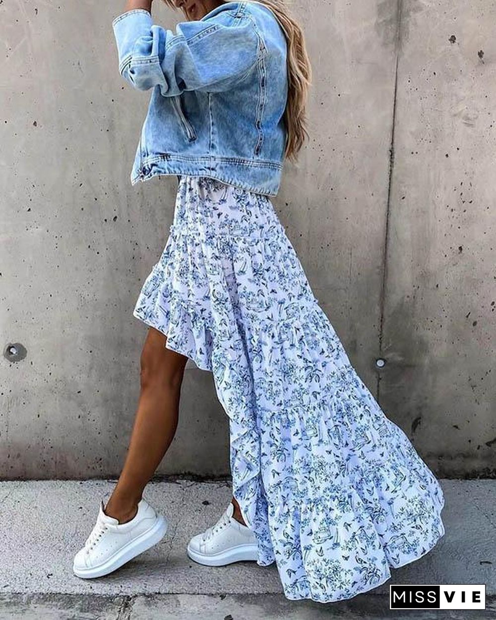 Fashion Print Irregular Hem Flowy Skirt