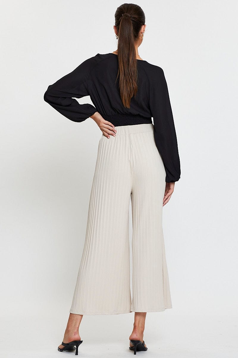 Beige Ribbed Pants High Rise Wide Leg