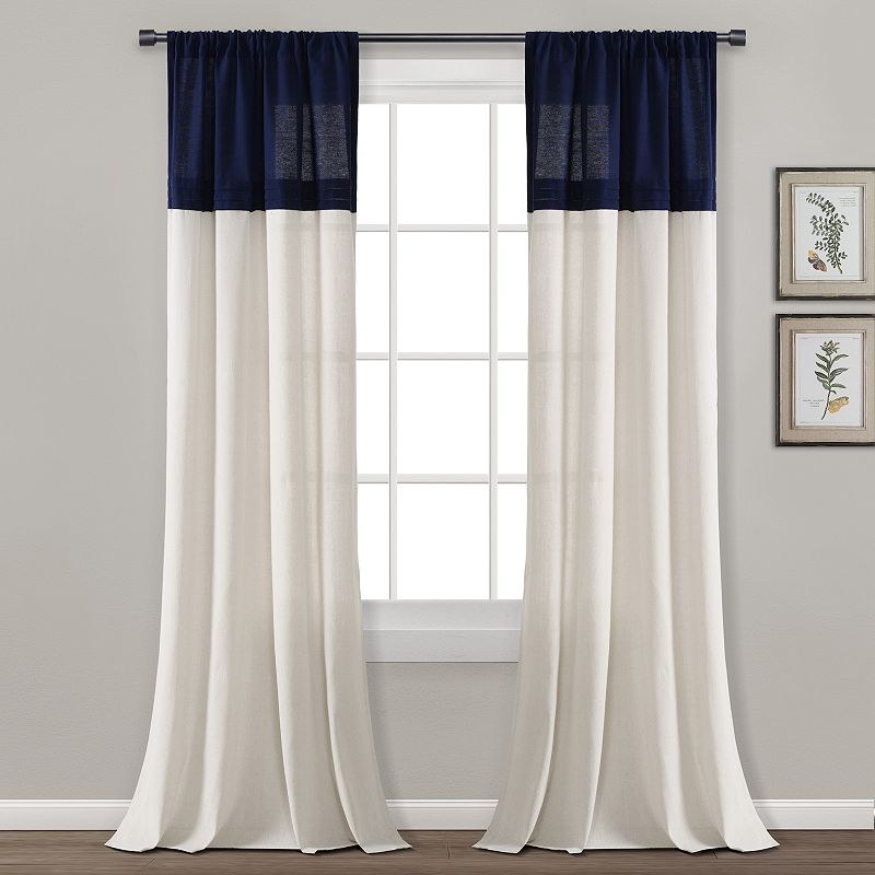 Lush Decor Farmhouse Faux Linen Pair of 2 Colorblock Pleated Window Curtain Panels