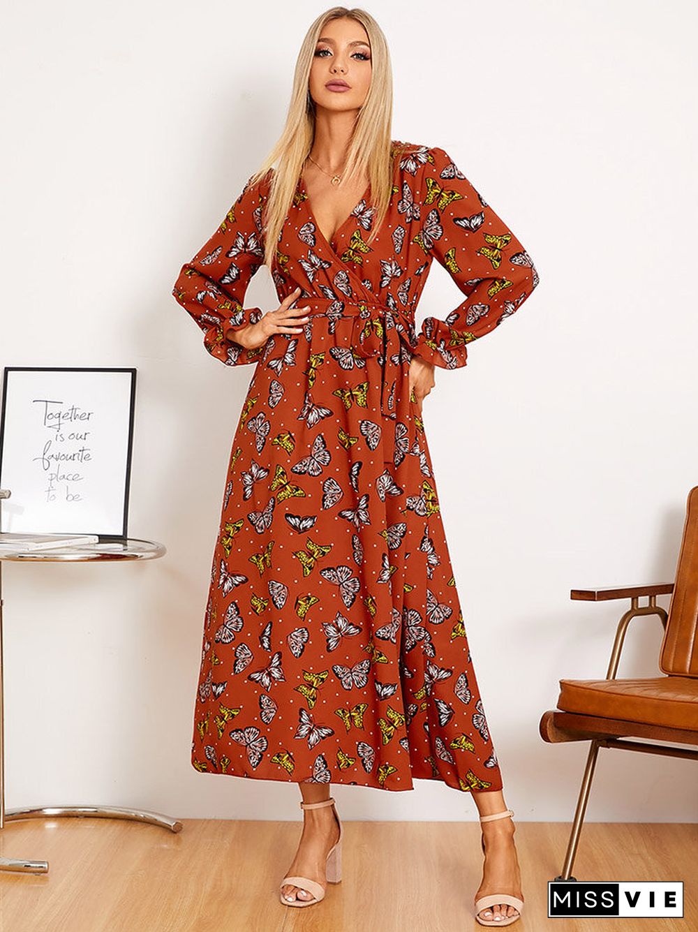 Butterfly Print Belt Long Sleeve V-neck Maxi Dress