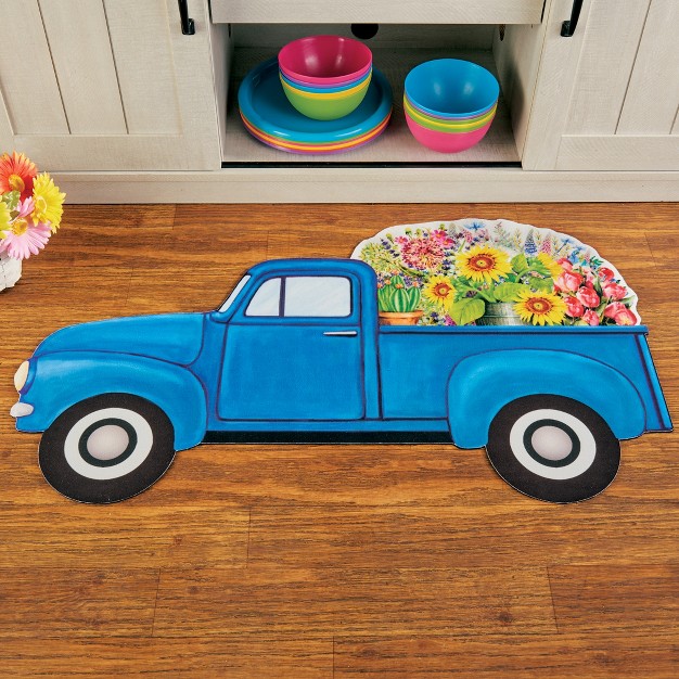 Collections Etc Blue Vintage Pickup Truck Shaped Floral Mat