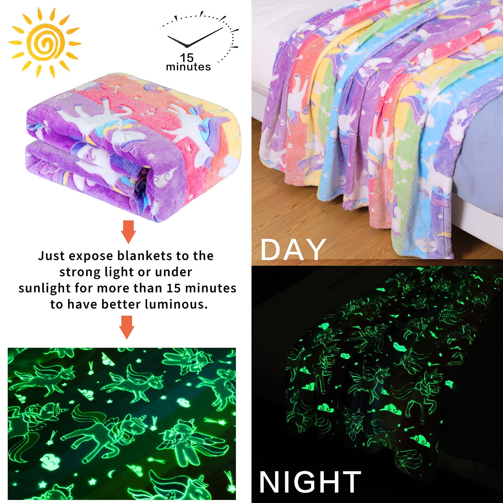 Unicorn Throw Blanket Glow in the Dark Unicorns Gifts for Girls Birthday Super Cute Soft Flannel Machine Washable Throw 60