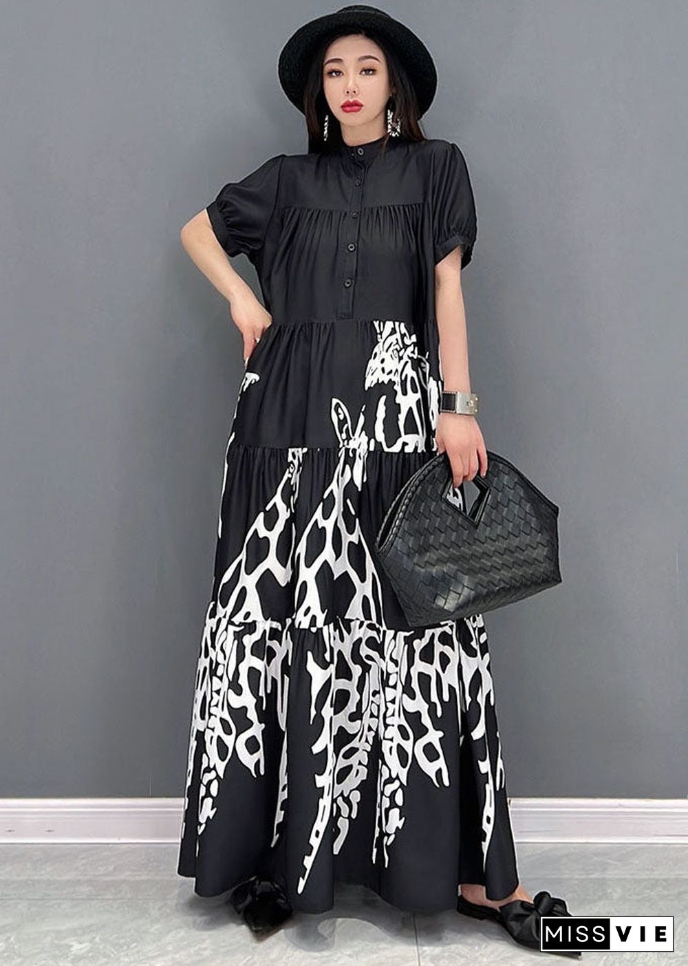 French Black Stand Collar Print Wrinkled Shirt Dresses Short Sleeve