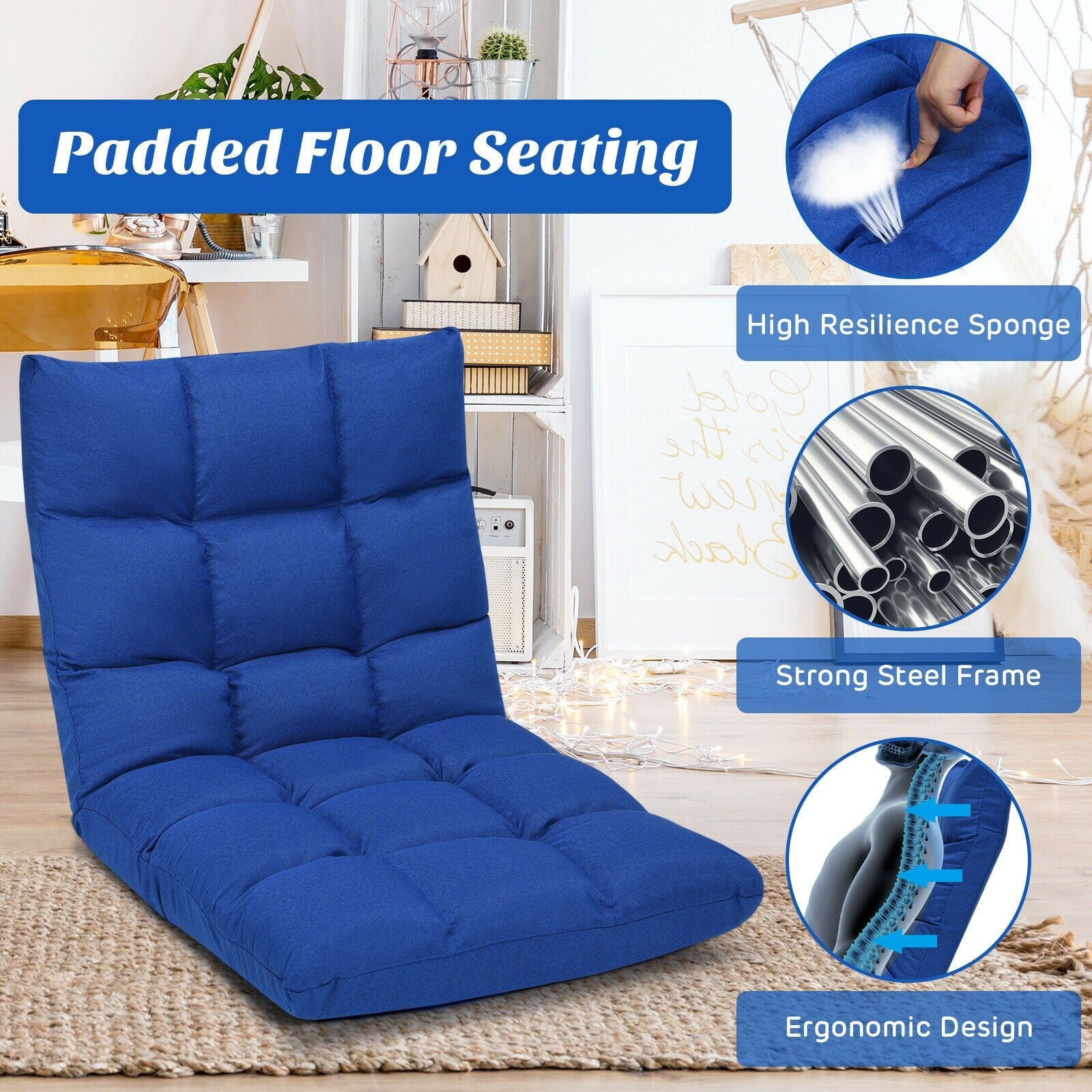 Adjustable Floor Gaming Sofa Chair 14-Position Cushioned Folding