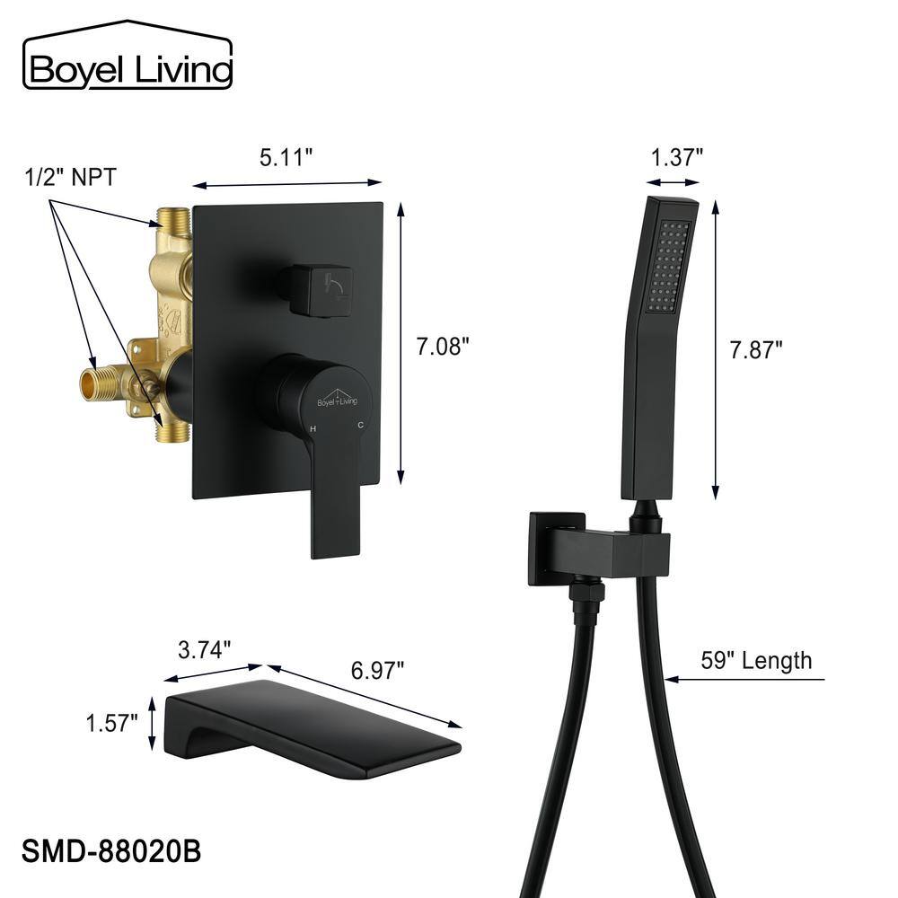 Boyel Living Single-Handle Wall Mount Roman Tub Faucet with Hand Shower in Matte Black SMD-88020B