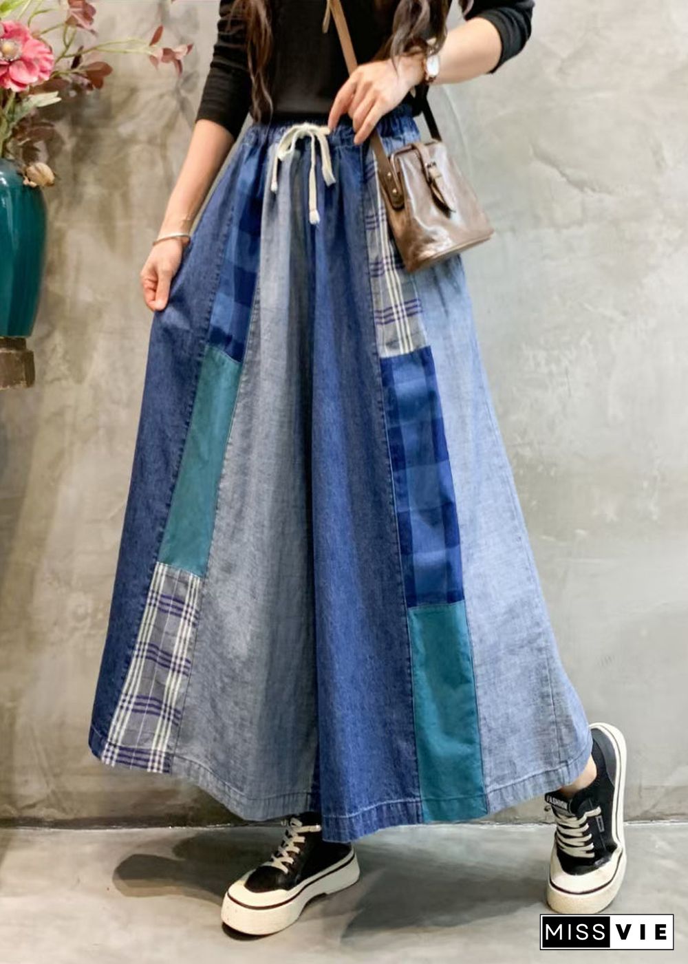 Unique Blue Pockets Elastic Waist Patchwork Wide Leg Pants Fall