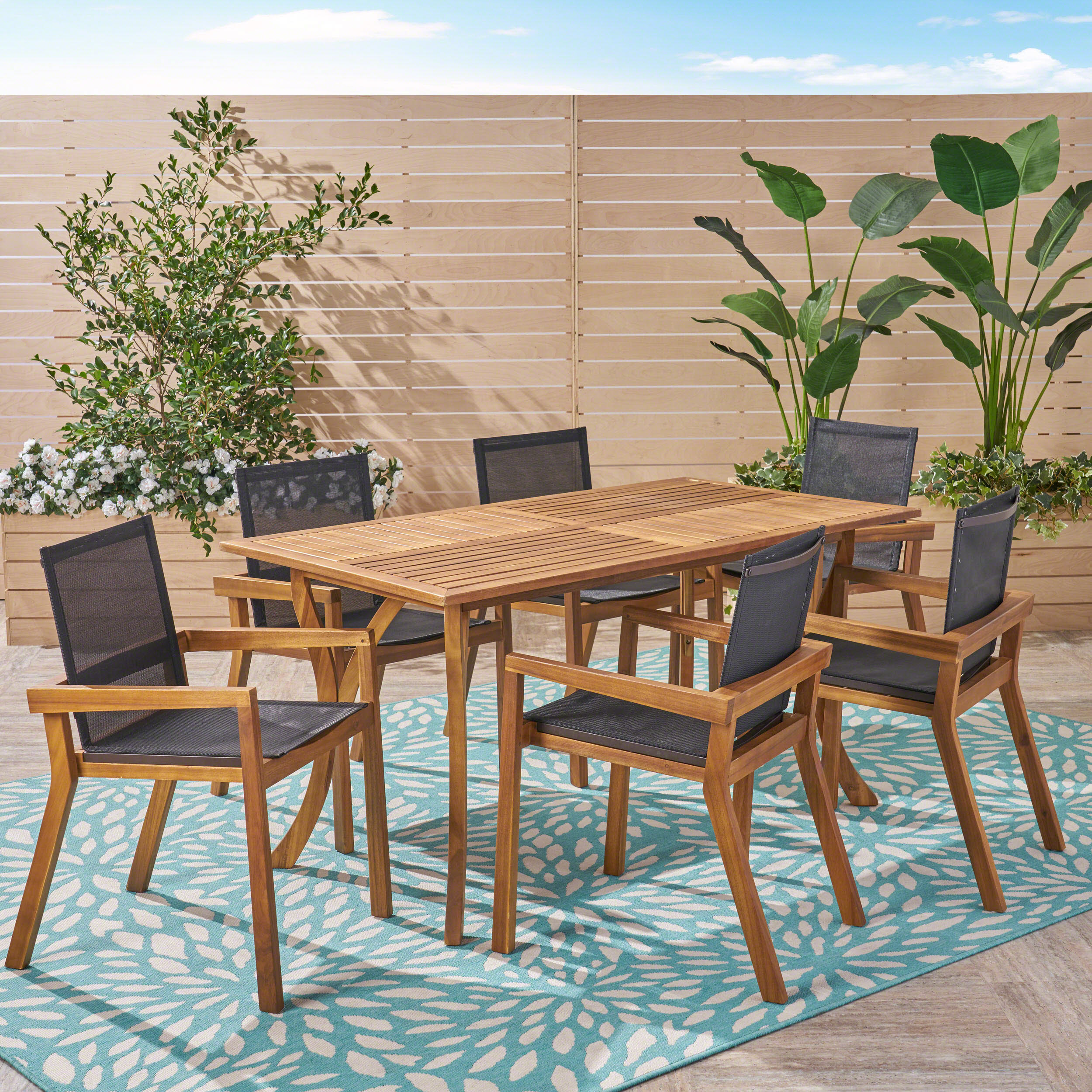 Kaur Outdoor Acacia Wood 7 Piece Dining Set with Mesh Seats