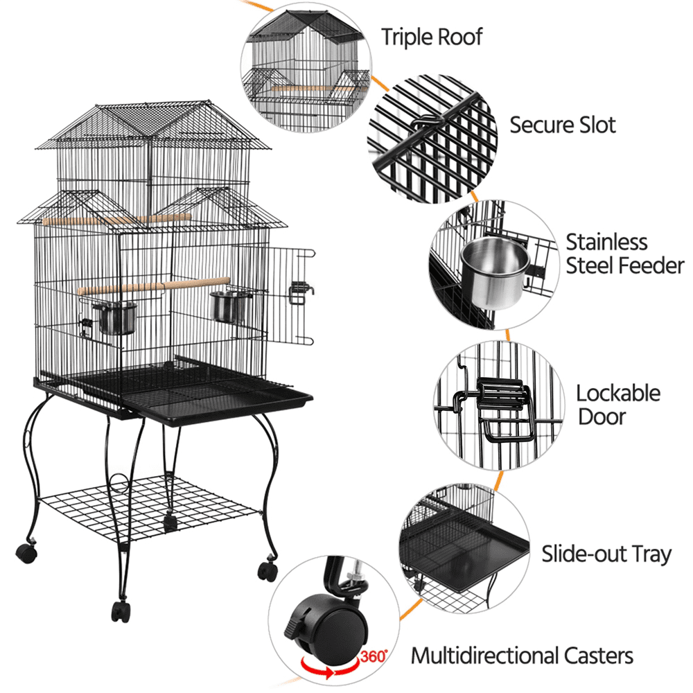 Easyfashion Large Metal Rolling Bird Cage Parrot Aviary Canary Pet Perch With Stand， Black