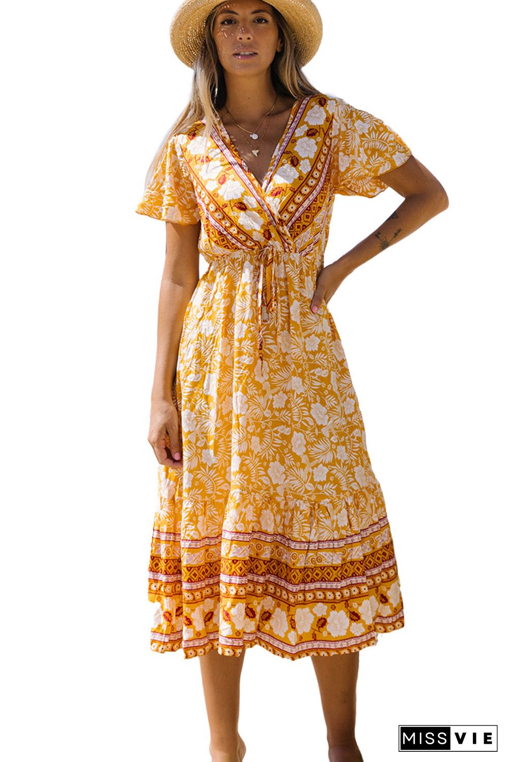 Yellow Floral Wrapped V Neck Tied Ruffled Sleeves Midi Dress