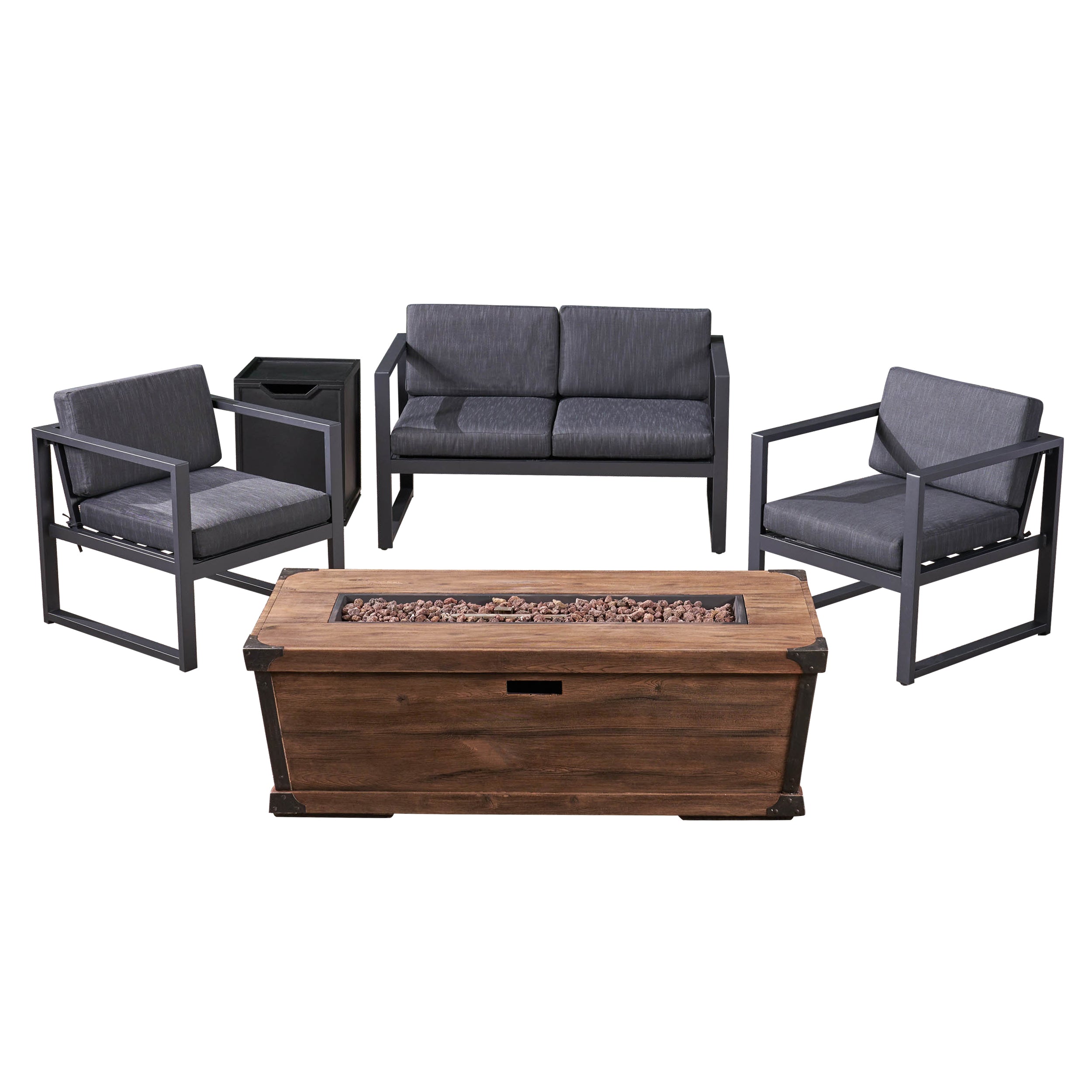 Miraclle Outdoor 3 Piece Aluminum Chat Set with Cushions and Fire Pit