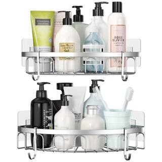 Dracelo 2-Pack Silver Adhesive Stainless Steel Corner Shower Caddy Storage Shelf with 4 Hooks B08HH1XFHR