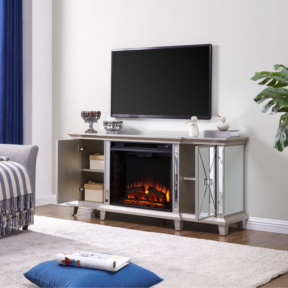 Elegant TV Stand  Mirrored Design With Side Cabinets  ampCenter Fireplace  Silver   Transitional   Entertainment Centers And Tv Stands   by Decorn  Houzz