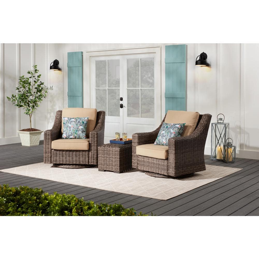 Hampton Bay Rock Cliff 3-Piece Brown Wicker Outdoor Patio Seating Set with CushionGuard Riverbed Tan Cushions FRS60605IS-ST-2