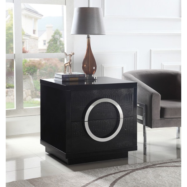 Chic Home Norcia Nightstand Side Table Crocodile Lacquer Finish with 2 Self Closing Drawers， Modern Contemporary