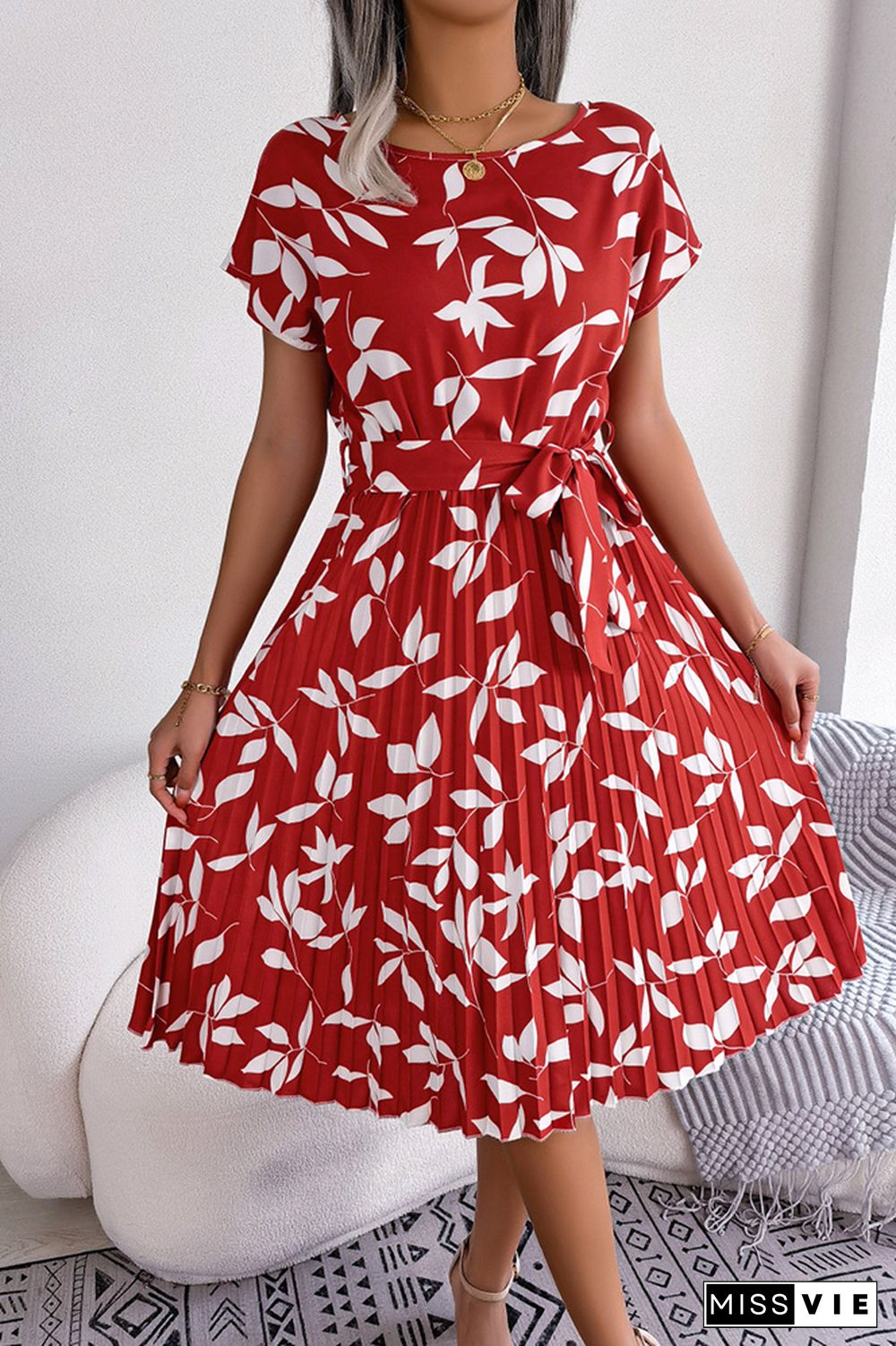 Leaf Print Pleated Midi Dress With Sash