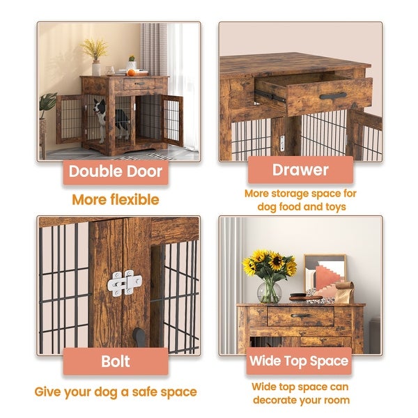 Dog Crate End Table with Drawer， with Double Doors