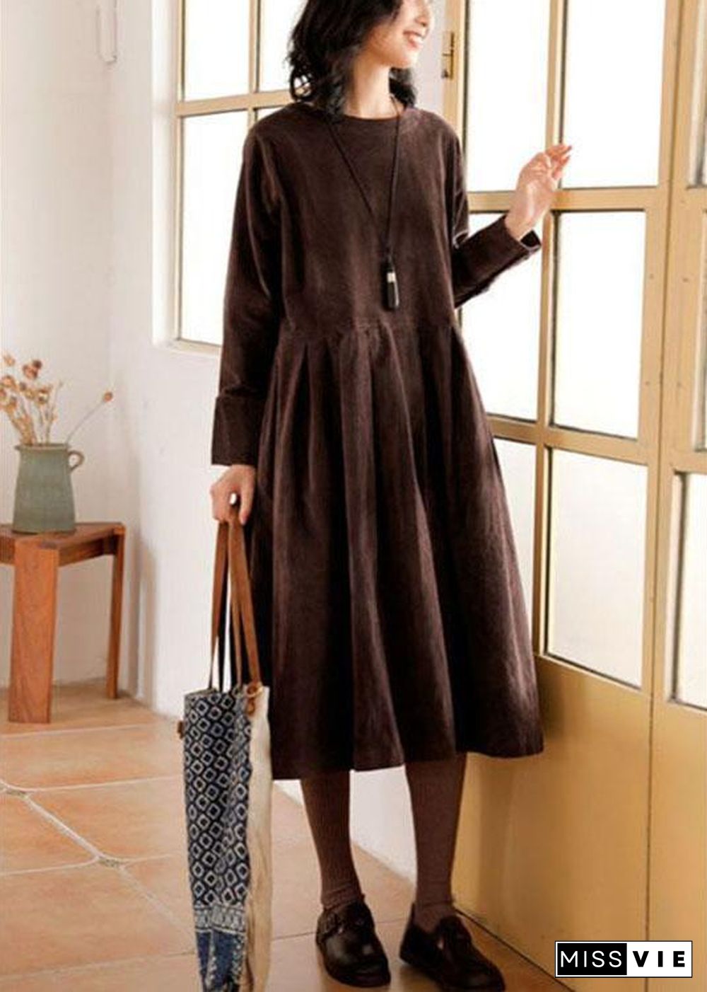 Elegant Brown Corduroy Dress Spring Maxi Dresses