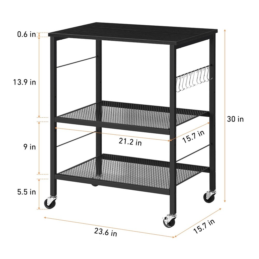 Bakers Rack Microwave Stand Cart with Storage Small Kitchen Island on Wheels Black Coffee Bar Cart 3 Tier Kitchen Shelf Stand