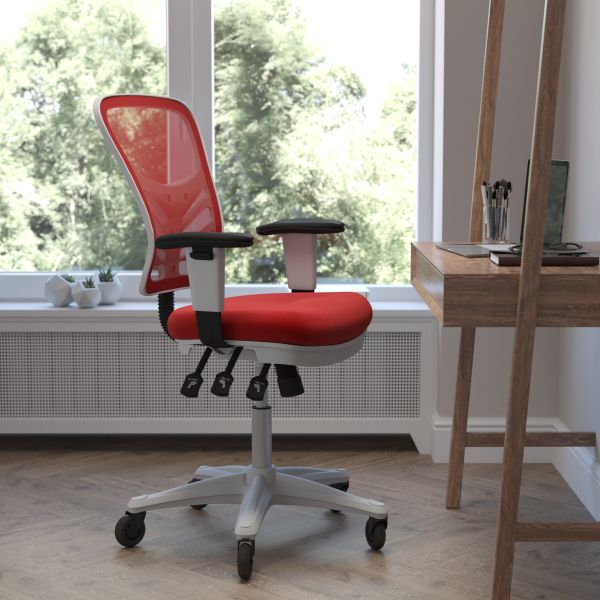 Nicholas Mid-Back Red Mesh Multifunction Executive Ergonomic Office Chair with Adjustable Arms， Transparent Roller Wheels， and White Frame