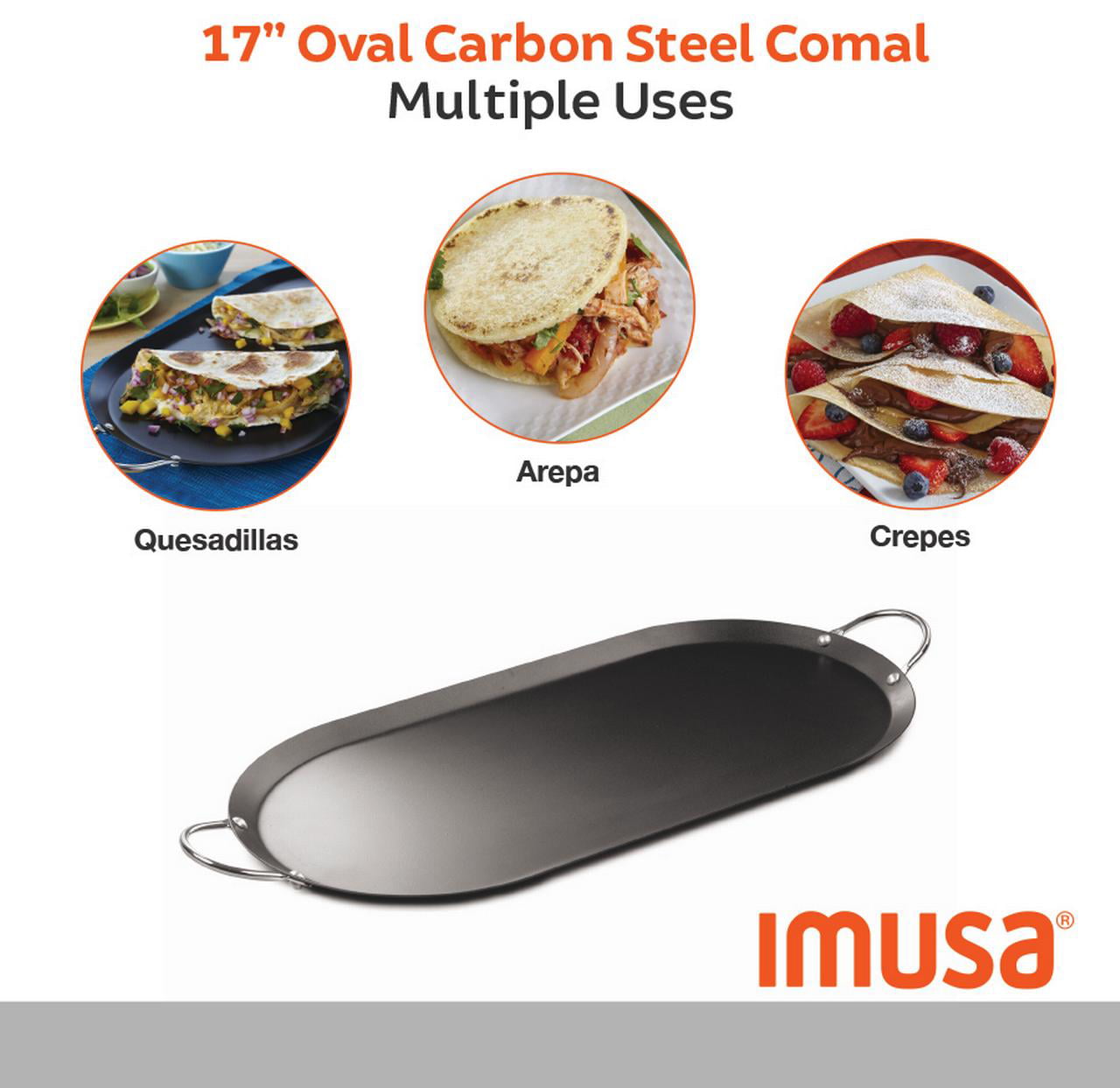 Imusa 17 inch Oval Shaped Carbon Steel Nonstick Comal/Griddle with Metal Handles, Black