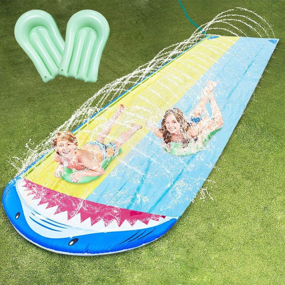 Lavinya Dual Lane Slip with 2 Bodyboards, Inflatable Lawn Water Slides Best Summer Toy with Build in Sprinkler for Children Waterslide Super Toy Play 16ft x 55in