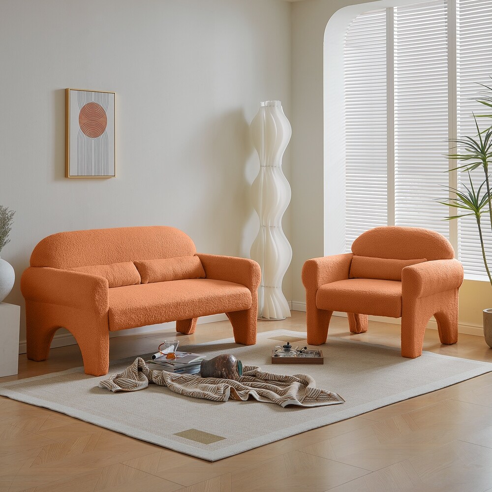 Modern Orange Lambswool Fabric Loveseat   Accent Chair Sets  Hollow Base Sofa w/ Solid Wood Frame   Pillows for Livingroom