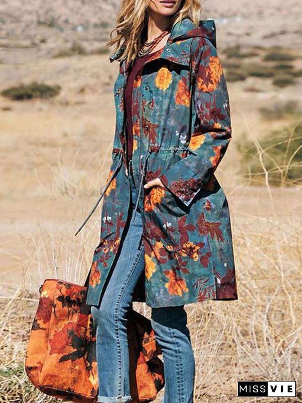 Printed Chic Women Autumn Coat With Hood