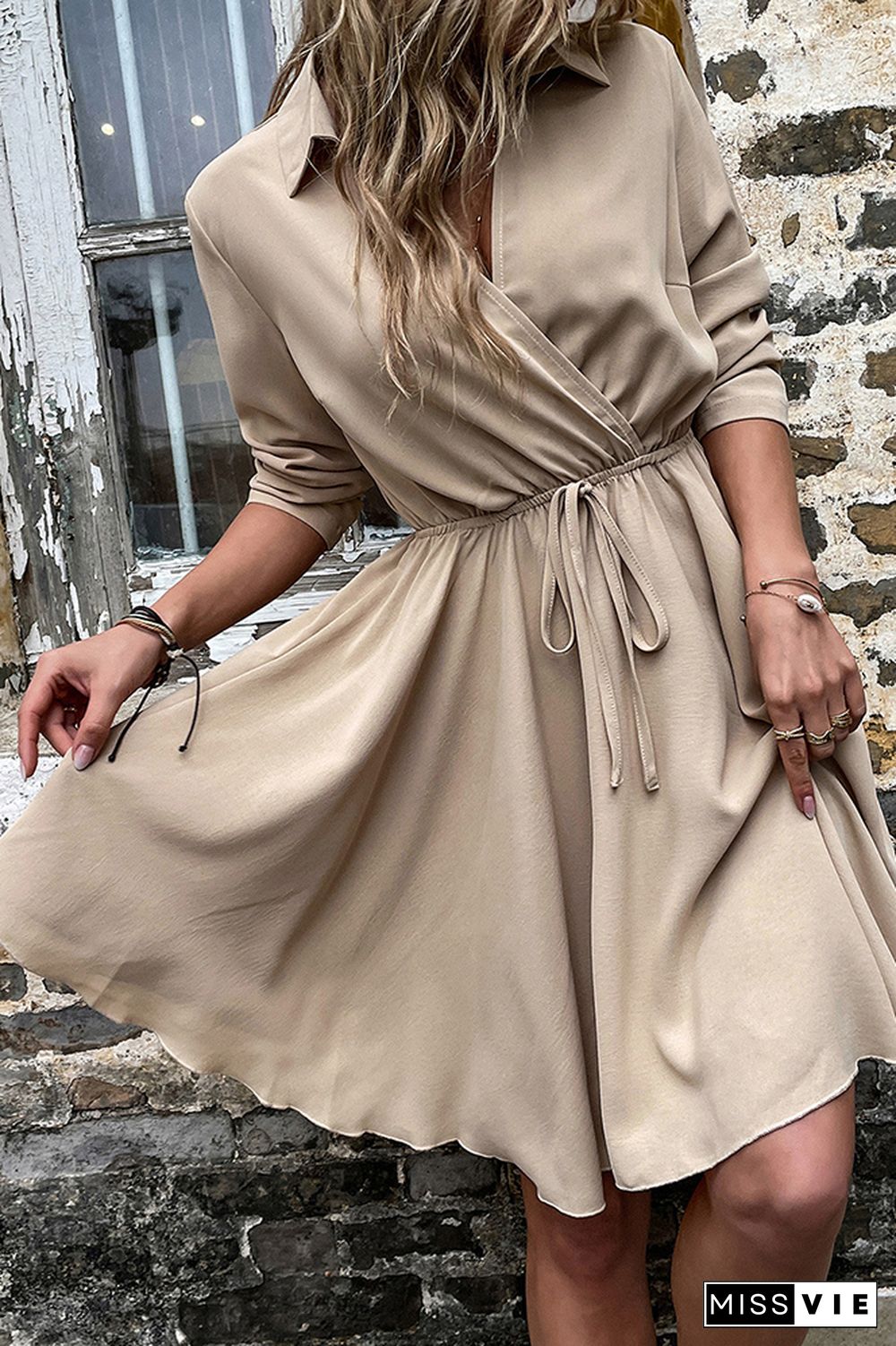 Khaki Half Sleeve V Neck Casual Dress Wholesale