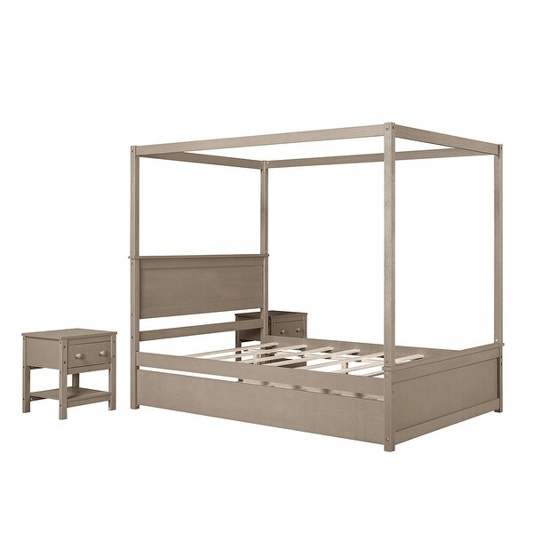 Full Size Wood Canopy Bed with Trundle Bed and Two Nightstands - - 36095786