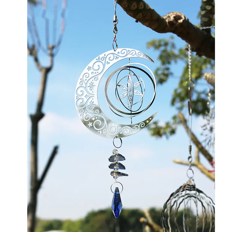 Reusable New Moon and Star Design 3D Stainless Steel Wind Spinner With Crystal Tail