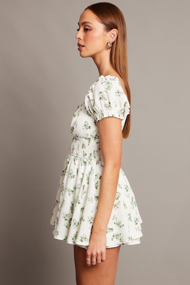 Green Floral Ruffle Playsuit Short Sleeve Ruched Bust