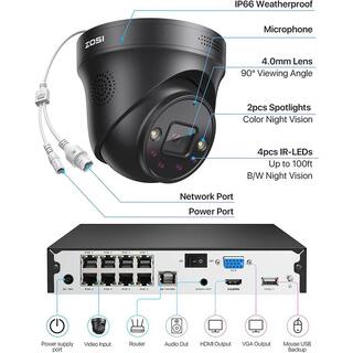 ZOSI 4K UHD 8-Channel 2TB PoE NVR Security Camera System with 6 8MP Wired Black Spotlight Cameras 2-Way Audio Night Vision ‎8SN-2258AB6-20-US1