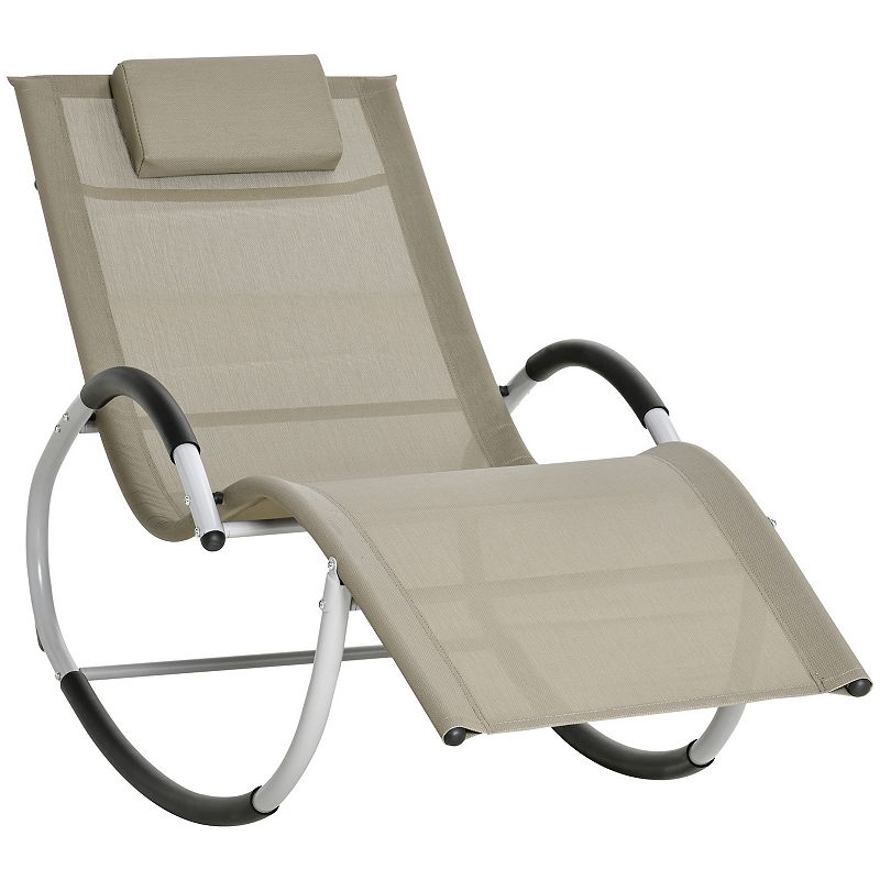 Outsunny Rocking Chair Patio Chaise Garden Sun Lounger Outdoor Reclining Rocker Lounge Chair with Pillow for Lawn Patio or Pool Beige