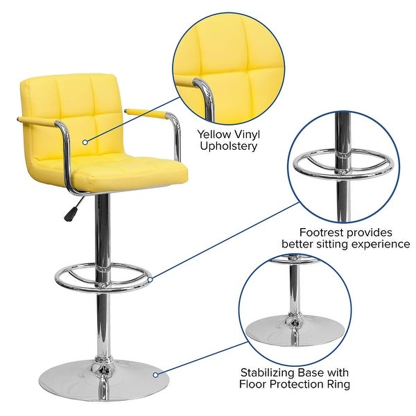 Yellow Quilted Vinyl Adjustable Height Barstool with Arms - as picture