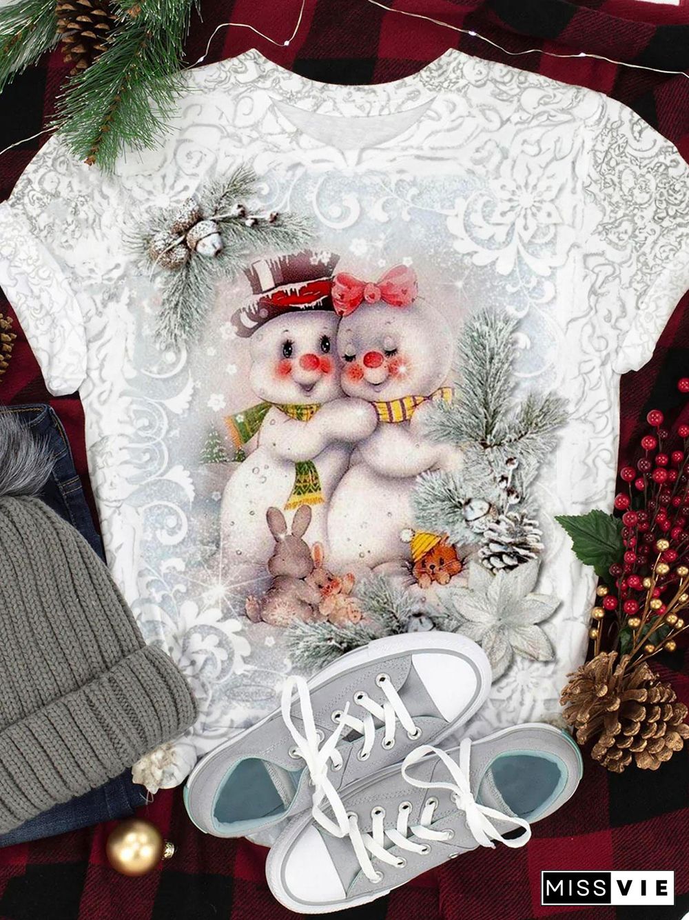 Snowman And Rabbits Crew Neck T-shirt